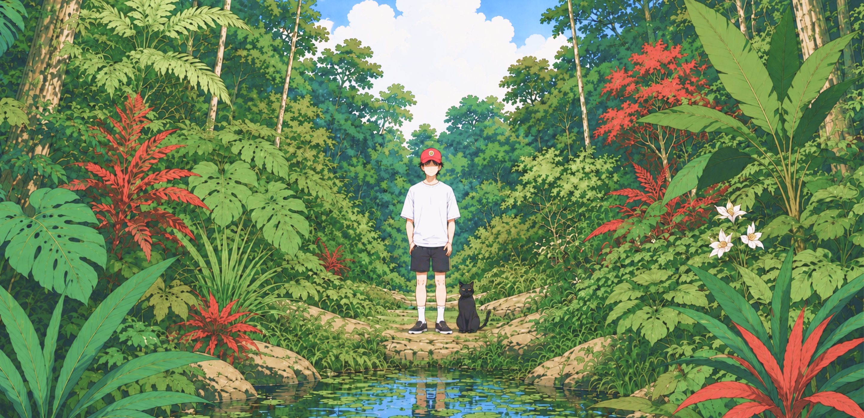 Illustration of Satria Ridho standing with a black cat in a tropical forest